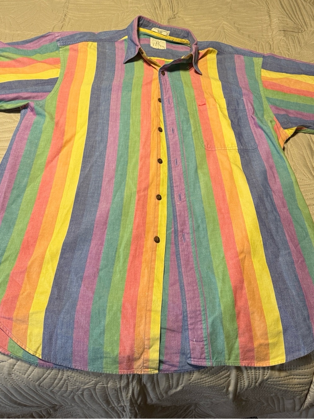 Men's Short-Sleeve Multicolor Vertical Stripe Button-Down Shirt Sz Large